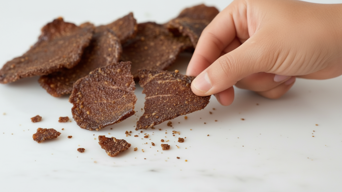 Hand holding a Qrispers Beef Jerky Chip which has snapped in half
