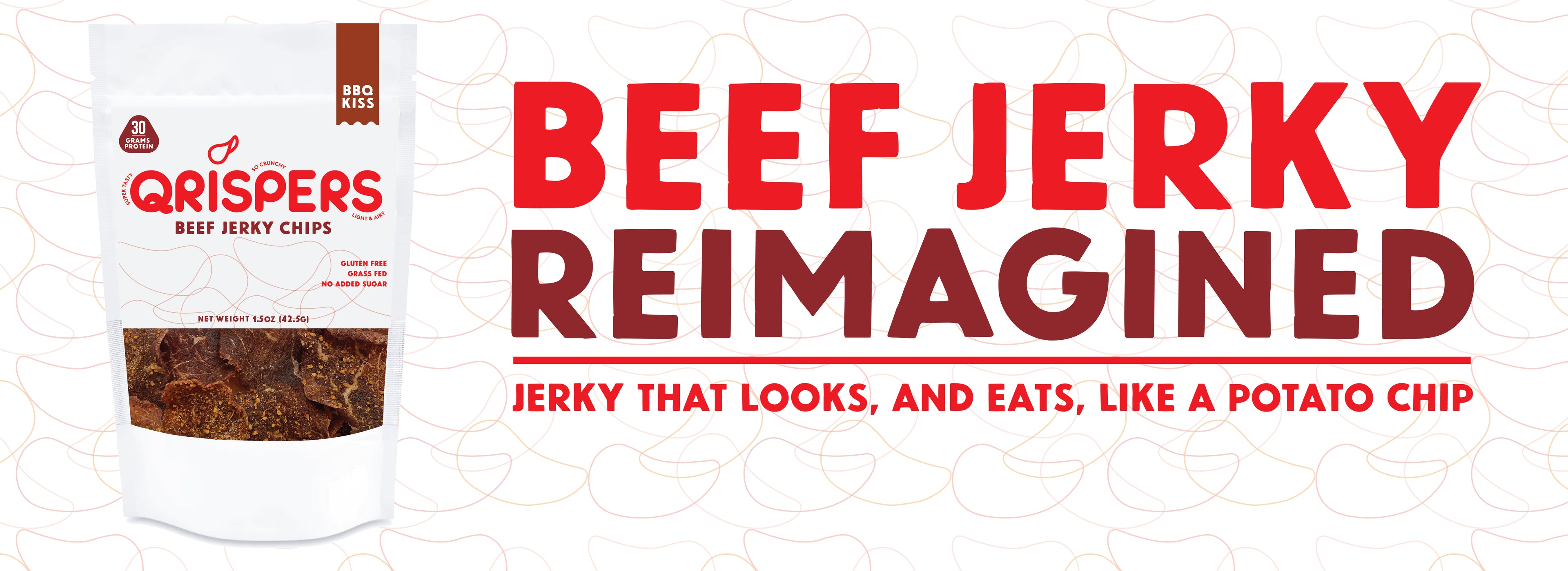 a banner with an image of the Qrispers package with a headline that reads Beef Jerky Reimagined and a subhead that reads Jerky that looks, and eats, like a potato chip.